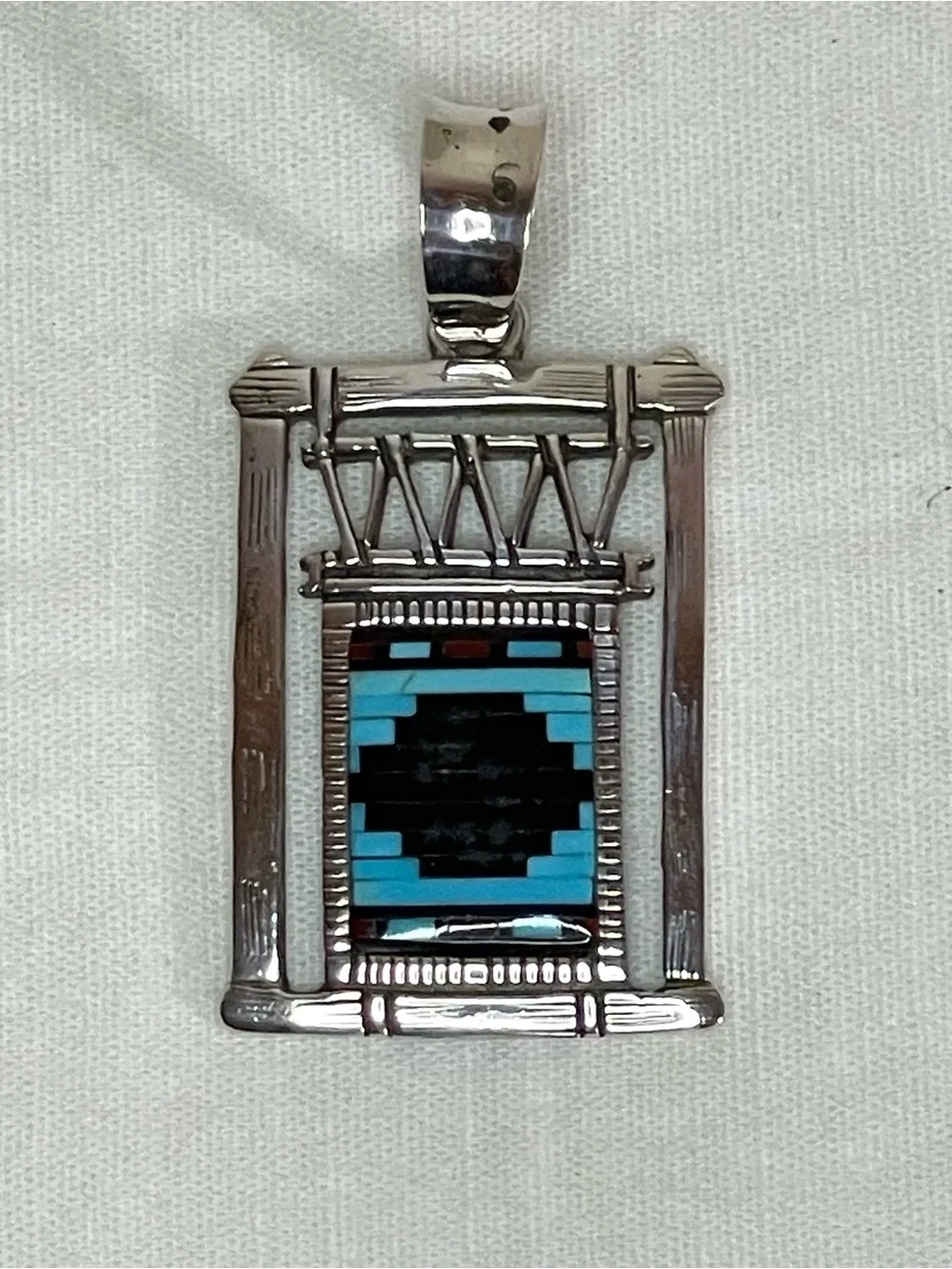 Sterling Silver Turquoise, Coral and Jet Pendant